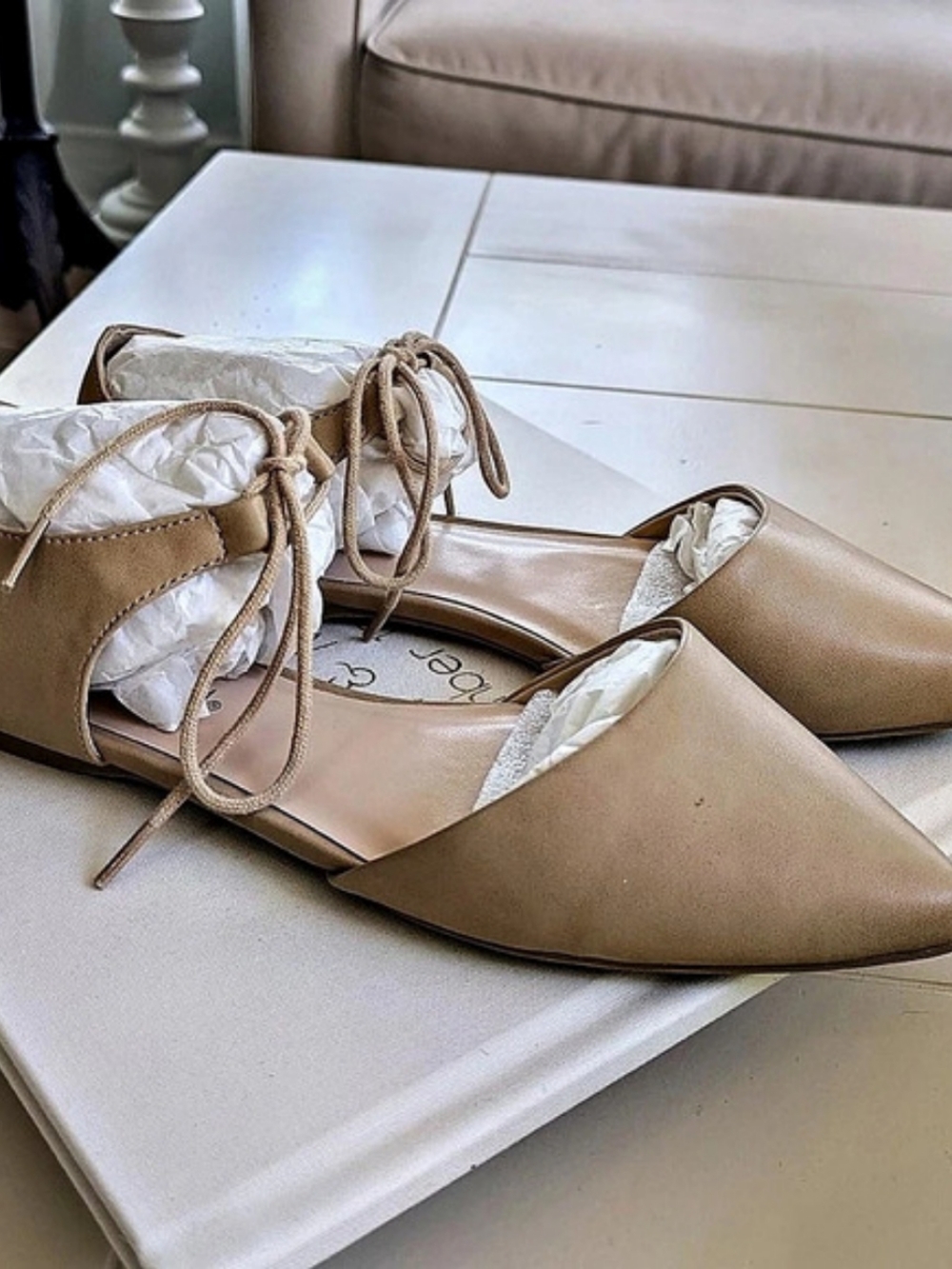 City Classified ointed Toe Lace-Up Flats in Beige US 6.5